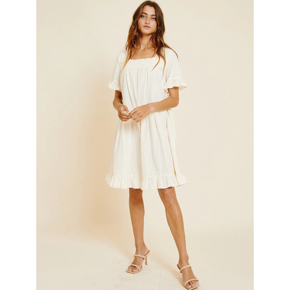 White Ivory Smocked Square Neck Ruffle Hem Dress - Picture 2 of 4